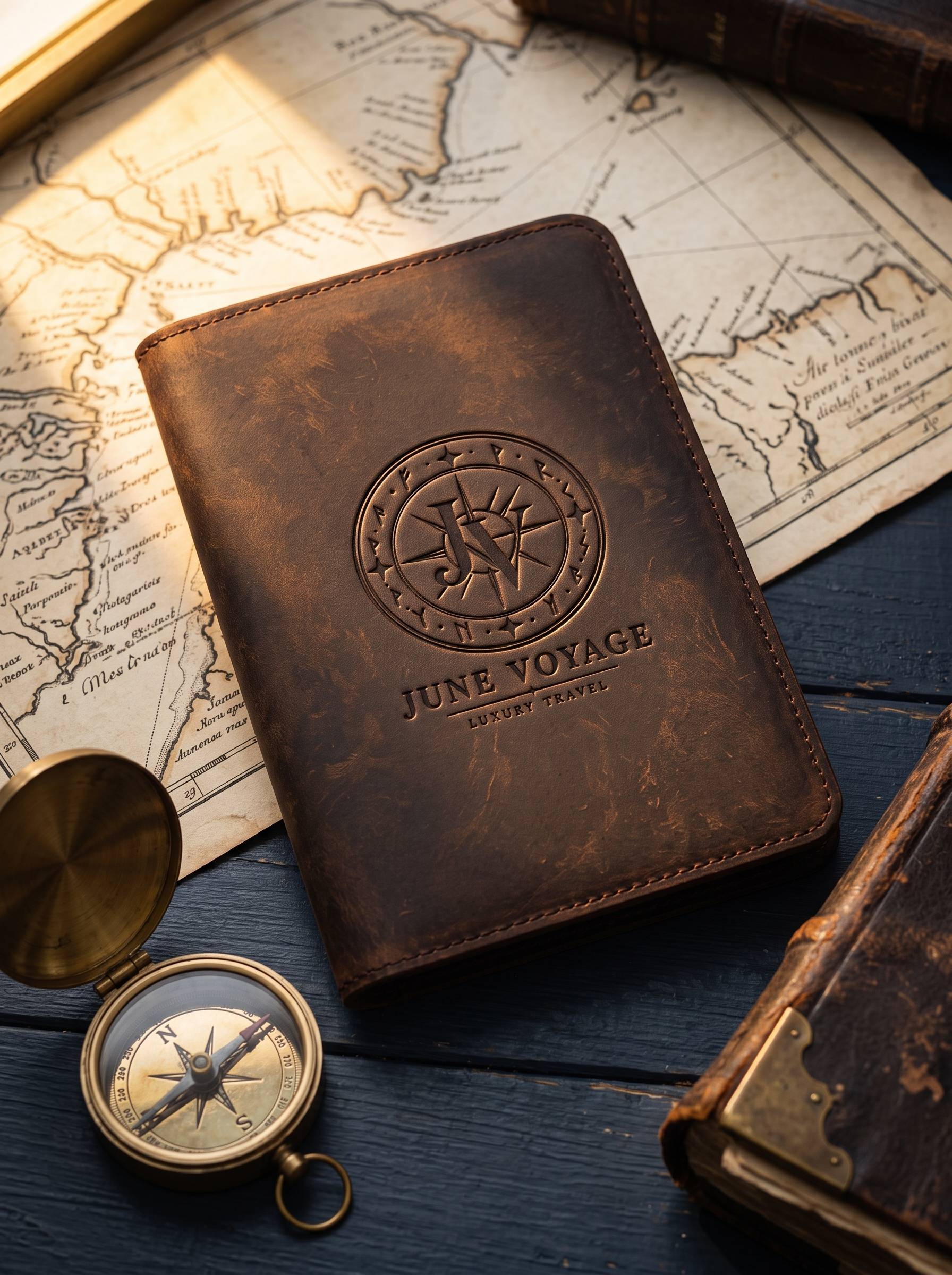 The Heritage passport cover in waxed espresso leather, debossed with the June Voyage seal, on an antique nautical chart