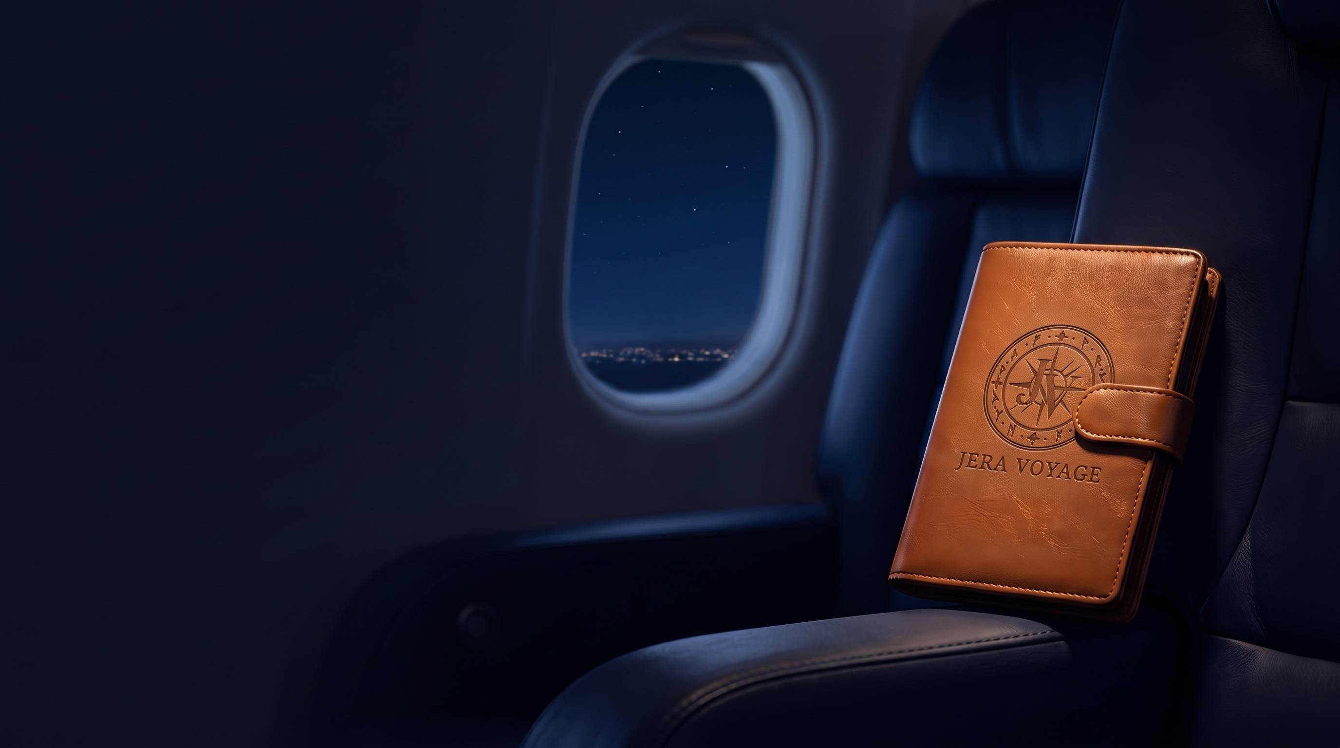 The Voyager passport wallet in cognac leather, debossed with the Jera Voyage seal, resting on a private jet armrest at night
