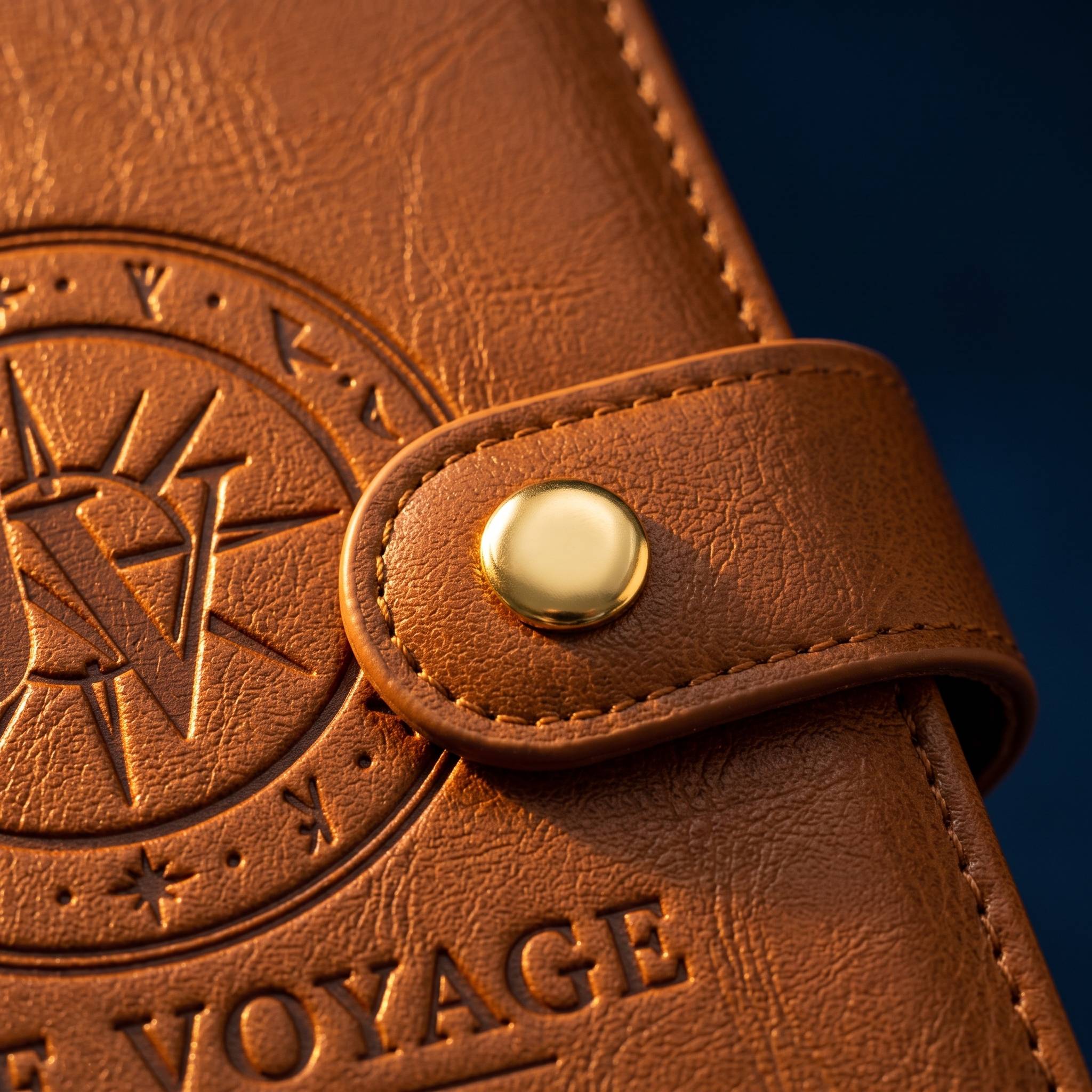 Close-up of the Voyager snap closure and debossed June Voyage seal