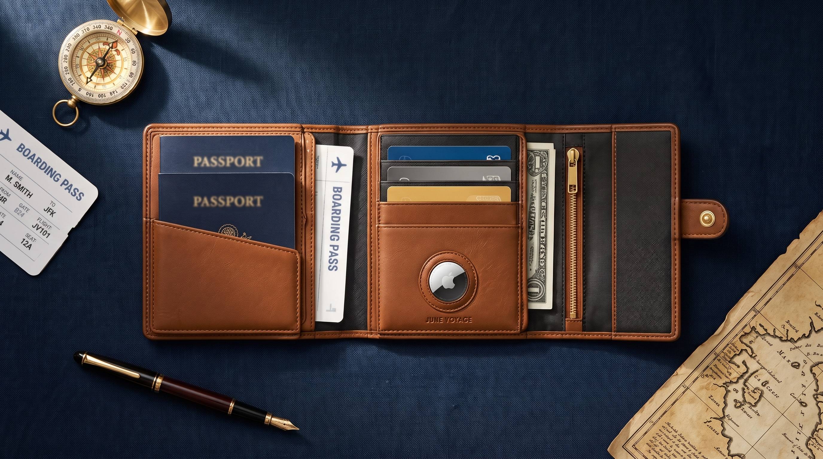 The Voyager opened flat on navy linen: two passports, a boarding pass, cards, an AirTag, cash in the zip pocket and the RFID-blocking lining
